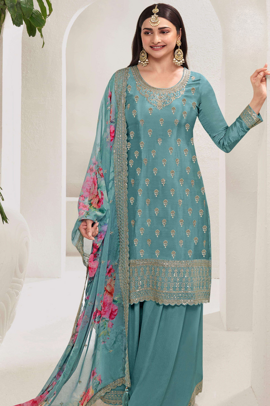 Sky Blue Color Salwar Kameez Plazzo Suits Plus Size Indian Clothes For Women