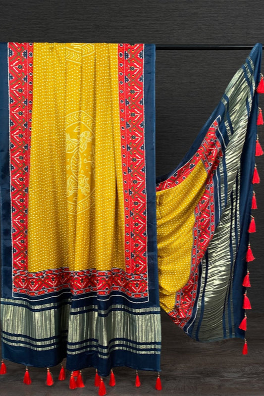 Yellow color Gaji silk fabric with printed dupatta, featuring vibrant traditional patterns that add a festive touch to any salwar kameez ensemble.
