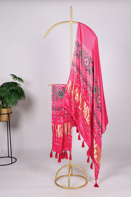 Bright pink color Gaji silk fabric with printed dupatta, adorned with vivid ethnic motifs that bring a cheerful and festive elegance to your salwar kameez outfit.
