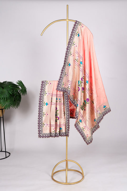 Baby pink color Gaji silk fabric with printed dupatta, adorned with soft traditional prints that lend a delicate and graceful charm to your salwar kameez ensemble.
