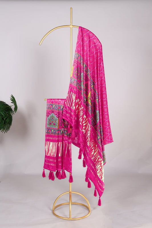 Magenta pink color Gaji silk fabric with printed dupatta, highlighted with bold traditional designs that add a striking and festive appeal to your salwar kameez ensemble.
