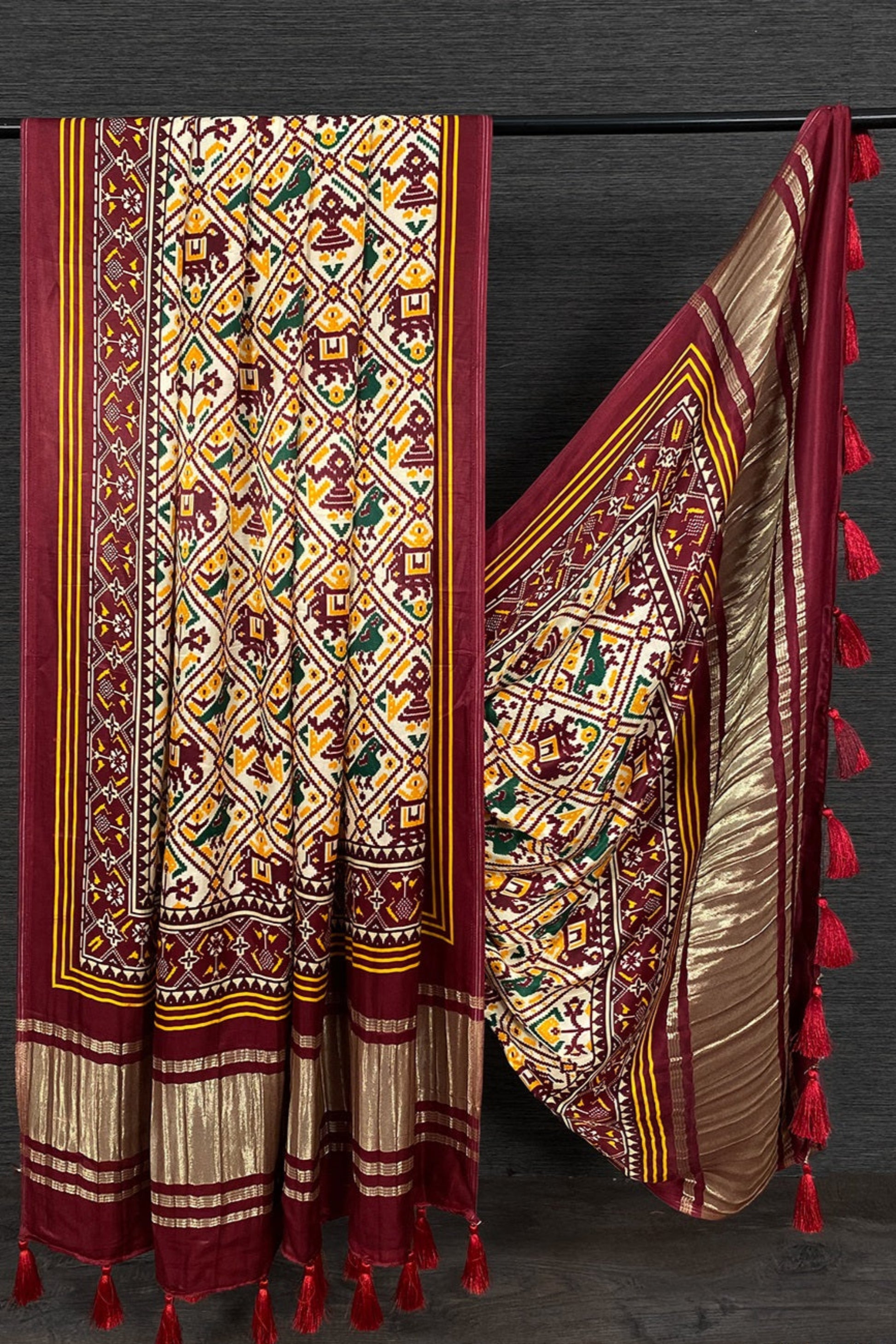 Burgundy red color Gaji silk fabric with printed dupatta, adorned with elegant motifs that enhance the richness of ethnic salwar kameez attire.
