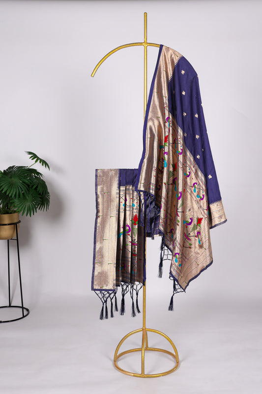 Navy blue color Gaji silk fabric with printed dupatta, showcasing classic ethnic designs that bring a regal and sophisticated touch to your salwar kameez ensemble.
