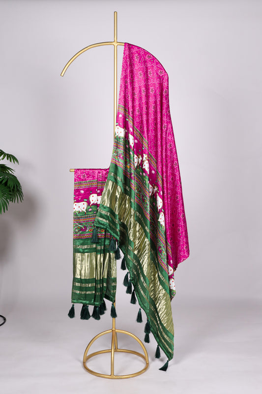 Green and pink color Gaji silk fabric with printed dupatta, designed with vibrant traditional motifs that bring a lively and festive charm to your salwar kameez ensemble.
