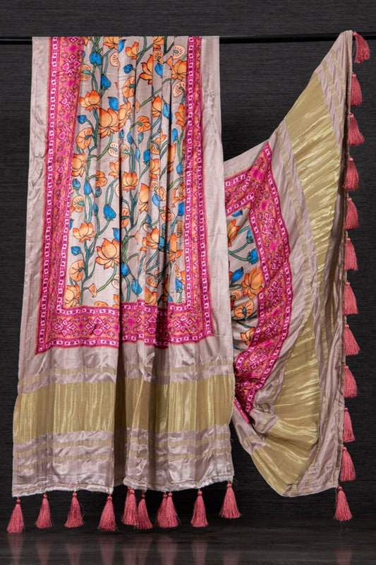 Baby pink color Gaji silk fabric with printed dupatta, showcasing soft and delicate prints that bring a graceful charm to your traditional salwar kameez look.
