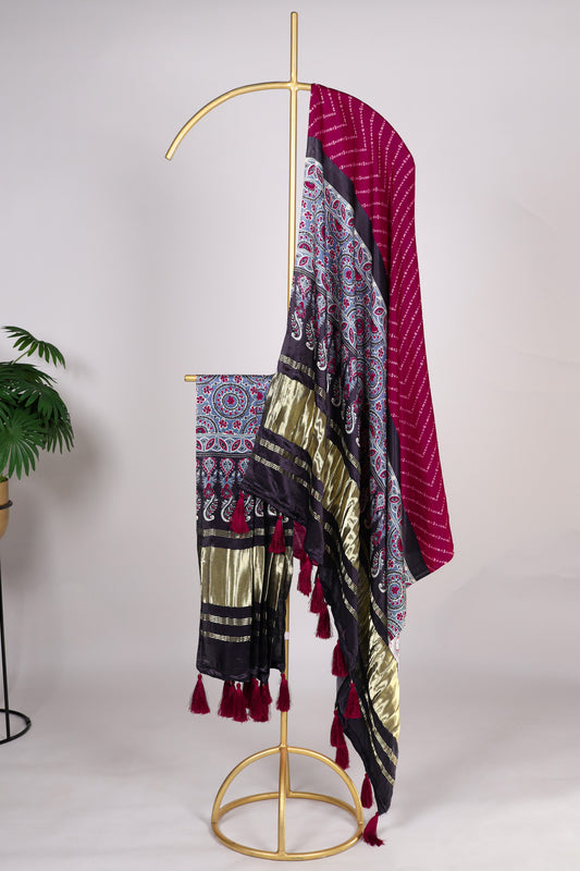 Gold, purple, and pink tri color Gaji silk fabric with printed dupatta, designed with a harmonious blend of festive hues and traditional patterns to elevate any salwar kameez look.
