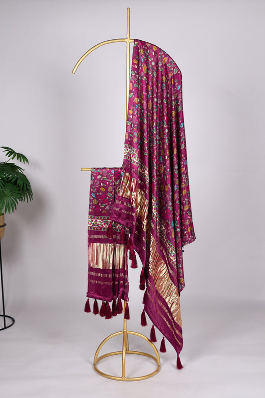 Wine color Gaji silk fabric with printed dupatta, adorned with rich and elegant motifs that bring a regal touch to your traditional salwar kameez attire.
