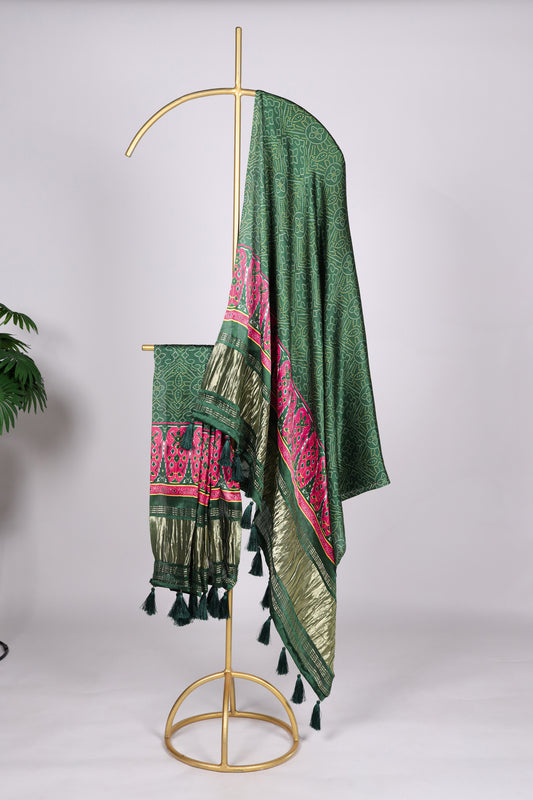 Green color Gaji silk fabric with printed dupatta, featuring classic ethnic motifs that bring a refreshing and elegant touch to your salwar kameez outfit.
