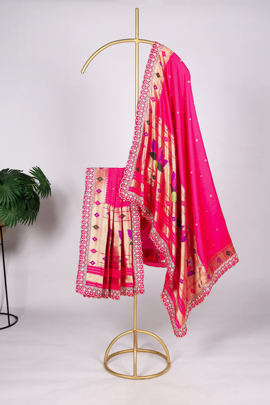 Pink color Gaji silk fabric with printed dupatta, featuring elegant ethnic designs that add a touch of softness and tradition to your salwar kameez outfit.

