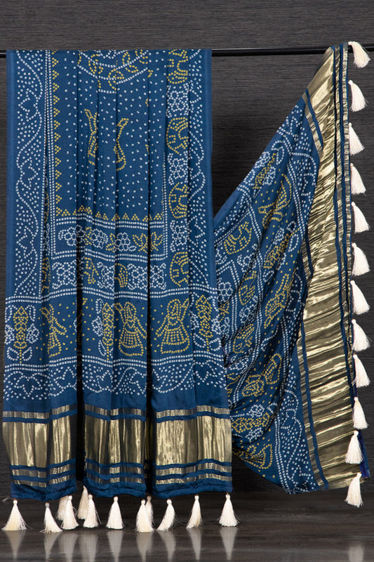 Navy blue color Gaji silk fabric with printed dupatta, showcasing rich traditional designs that enhance the elegance of any salwar kameez outfit.
