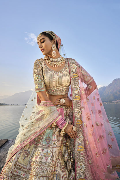 "Ivory Elegance: Minimalist Bridal Lehenga with Crystal Detailing"
