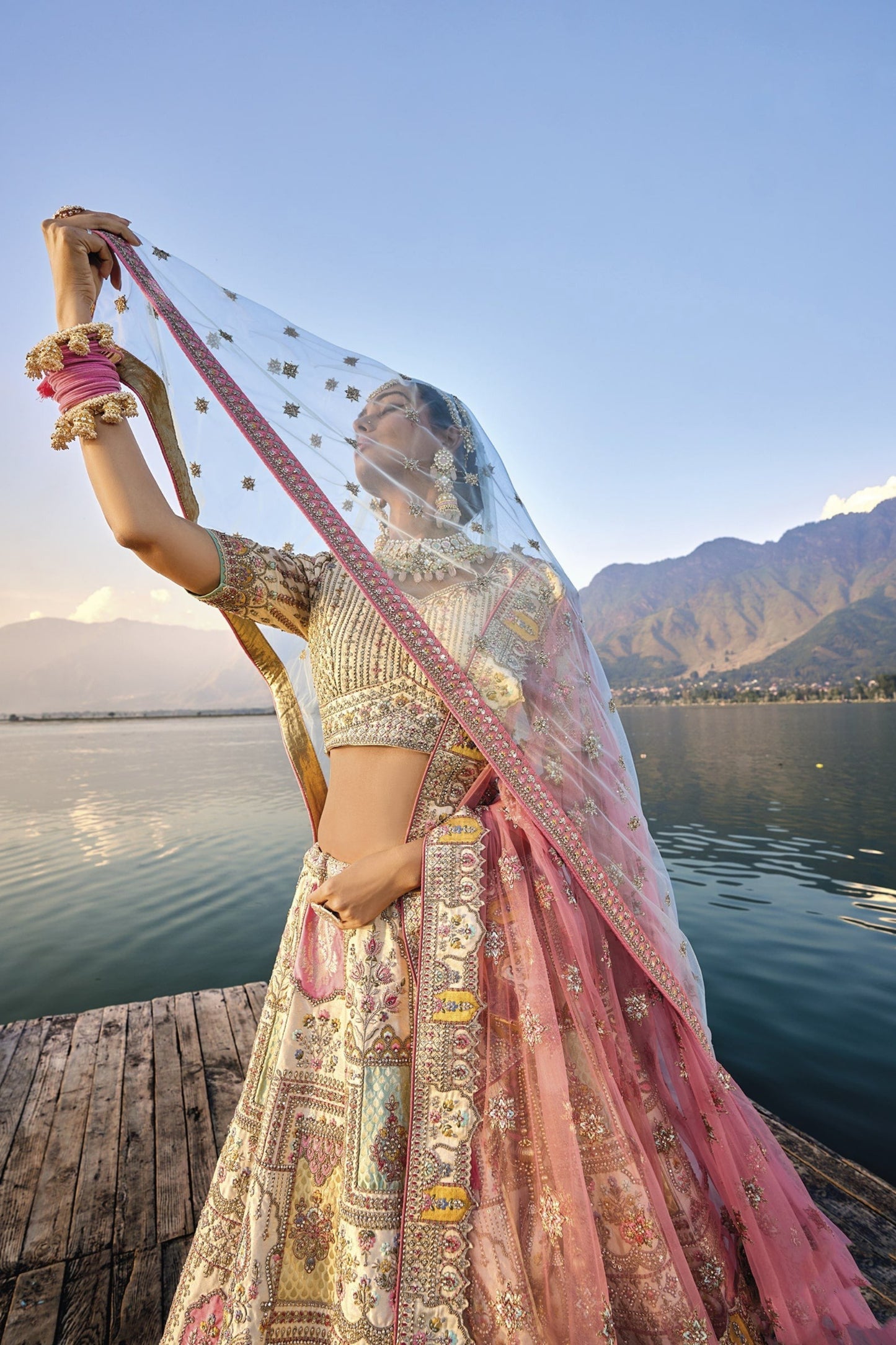 "Ivory Elegance: Minimalist Bridal Lehenga with Crystal Detailing"
