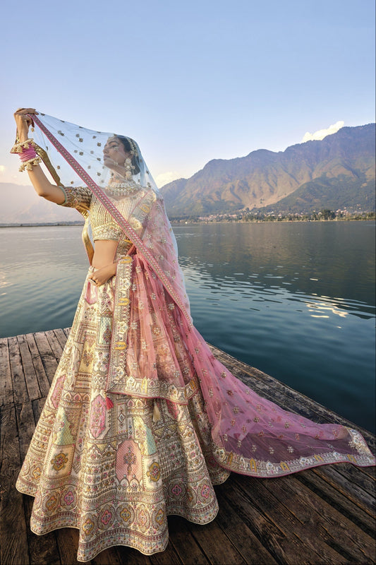 "Ivory Elegance: Minimalist Bridal Lehenga with Crystal Detailing"
