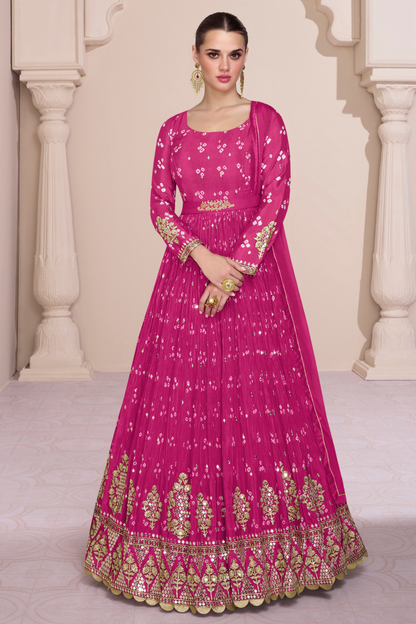 Pink Embroidered Anarkali Gown With Heavy Embroidery Work For Indian Weddings And Parties