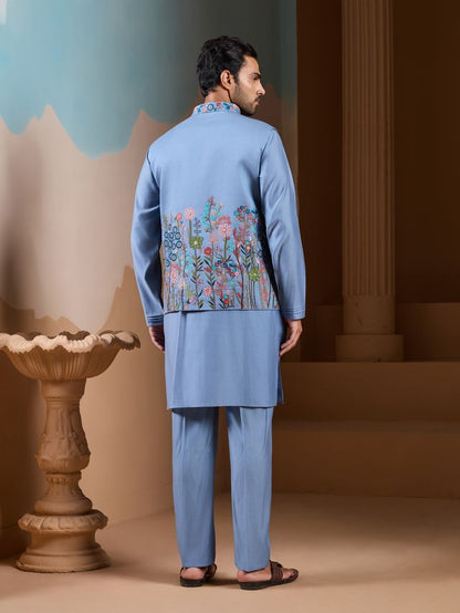 Stylish Blue Wedding Kurta Made From Rich Silk And Finished With Sophisticated Multi-Thread Embroidery