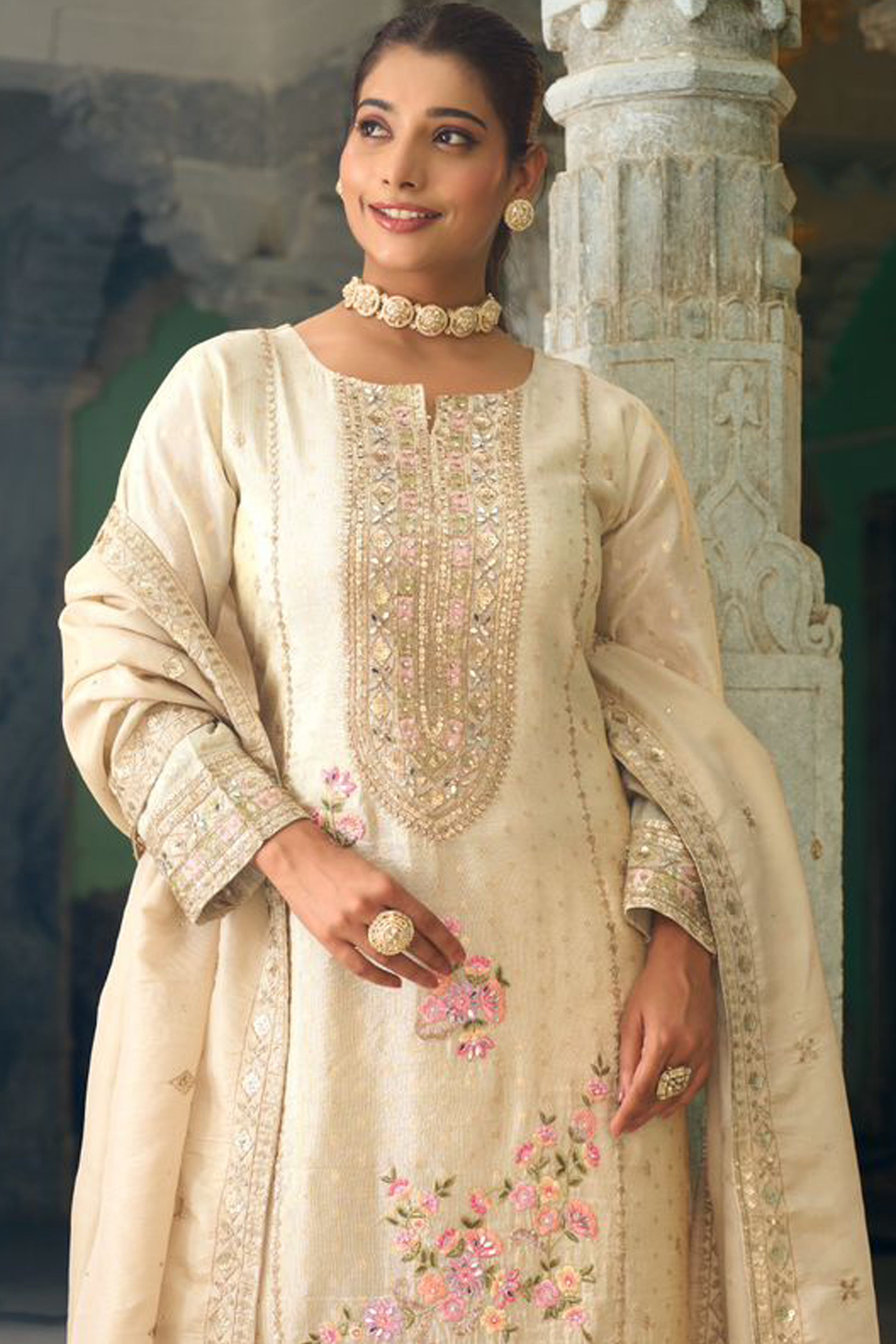 Detailed View Of Embroidered Viscose Silk Palazzo Suit - Indian Ethnic Wear