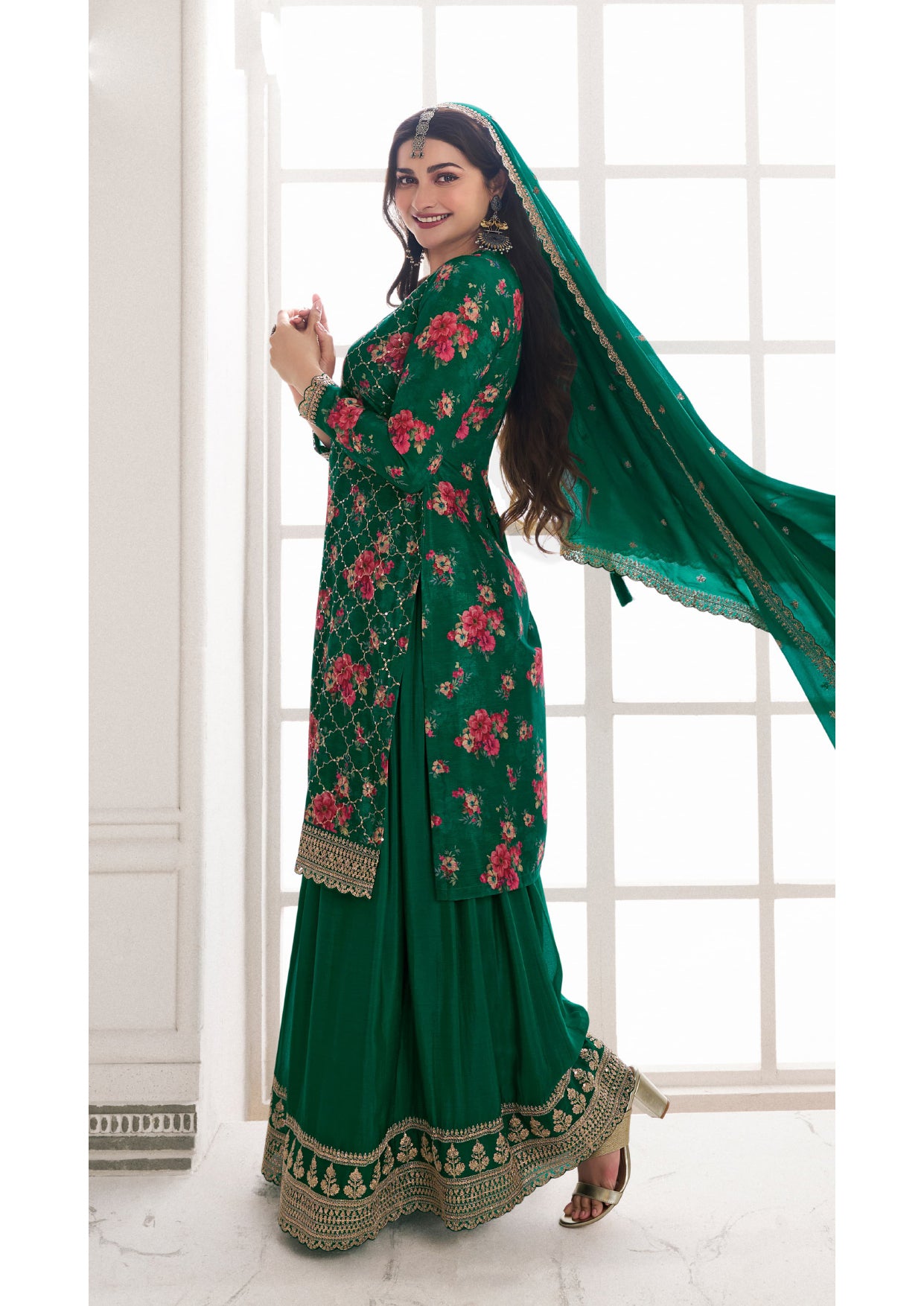 Eid Ramadan Special Green Floral Printed Palazzo Suit 