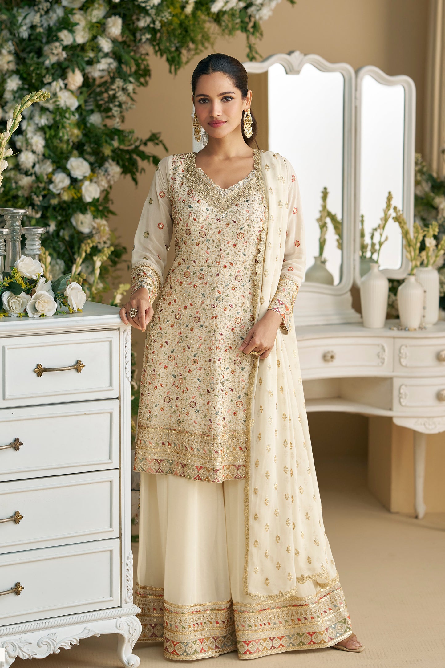 Heavy Embroidery Worked Salwar Kameez Palazzo With Dupatta Dresses