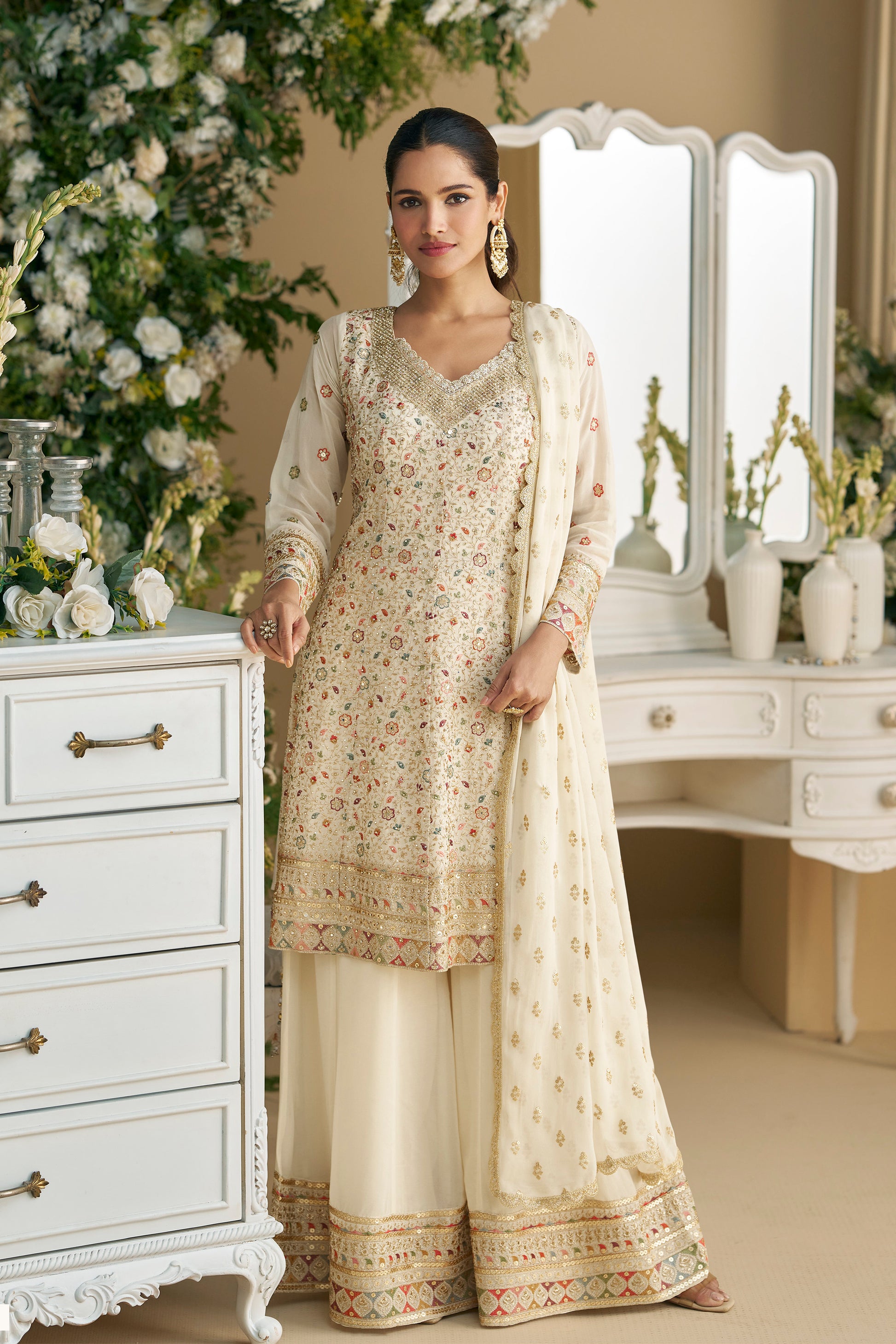 Heavy Embroidery Worked Salwar Kameez Palazzo With Dupatta Dresses