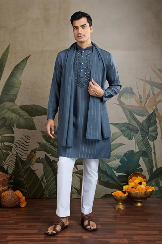 Latest Blue Color Viscose Rayon Kurta Set For Men Real Mirror Work With Matching Pant