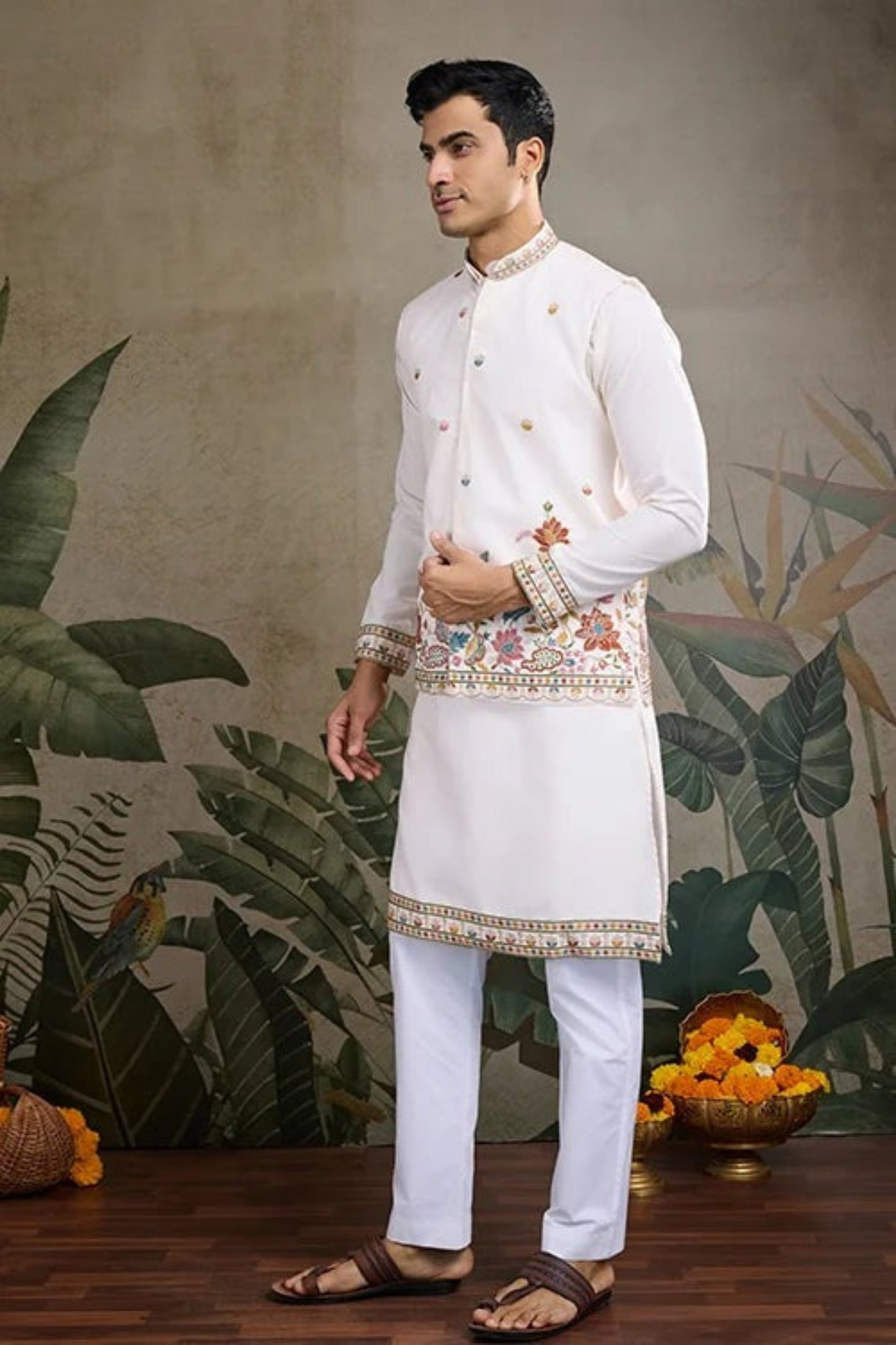 Premium White Color Viscose Silk Kurta Set For Man Real Mirror Work With Matching Pant