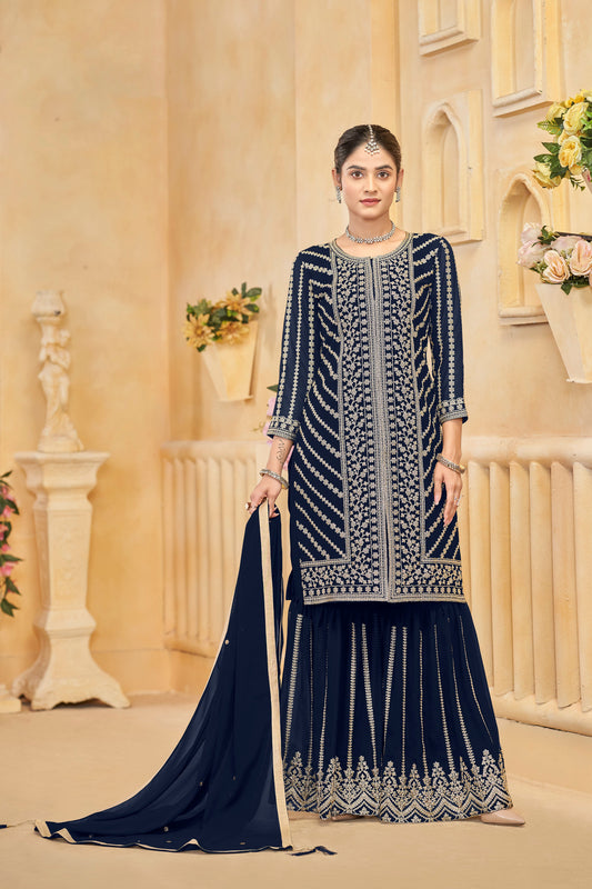 Blue Pakistani Designer Sharara Suit With Heavy Embroidery Dupatta For Roka Nikah Wedding USA