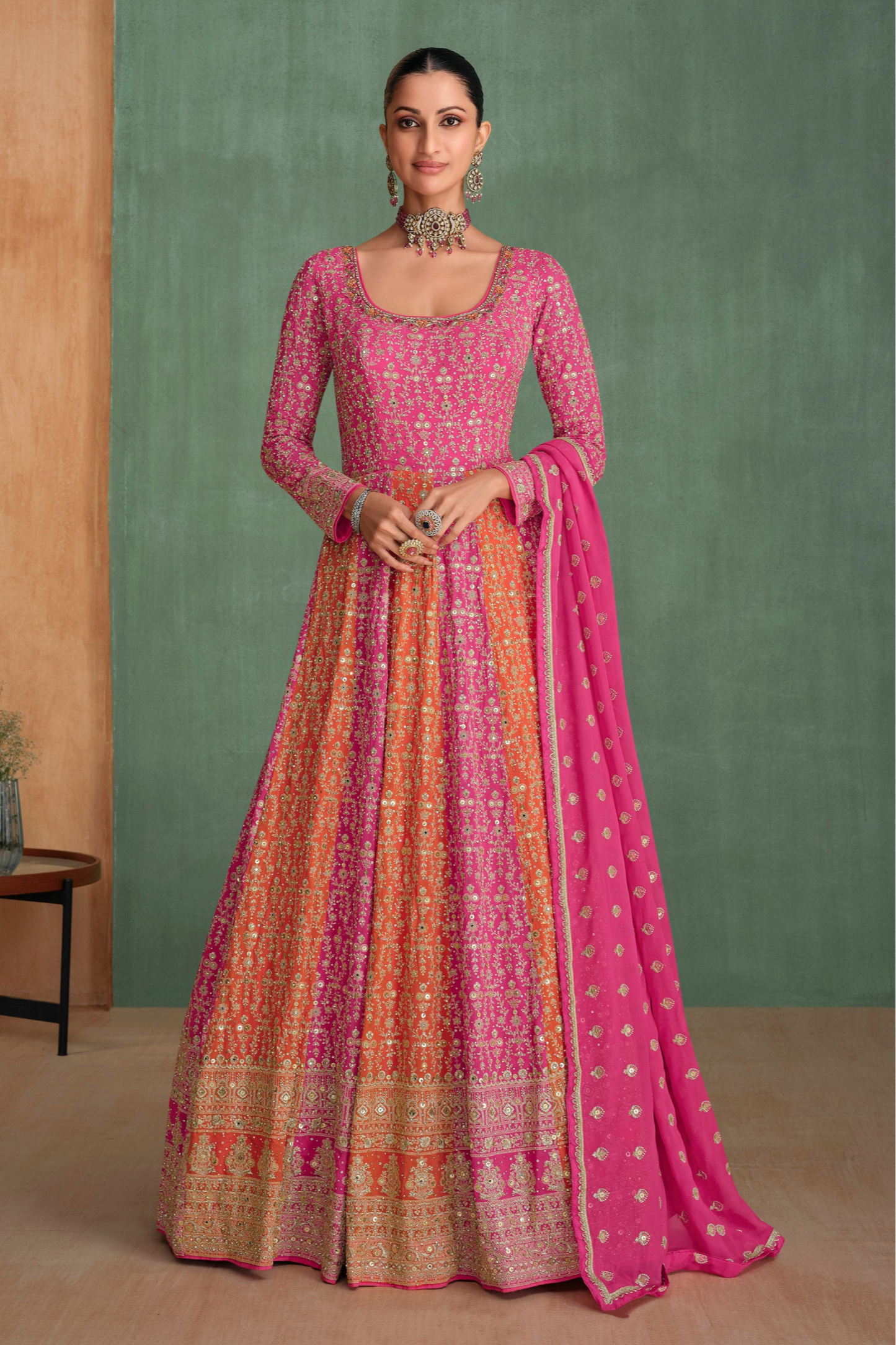 Stylish Full-Length Pink Anarkali Gown Georgette With Dupatta For Wedding Wear