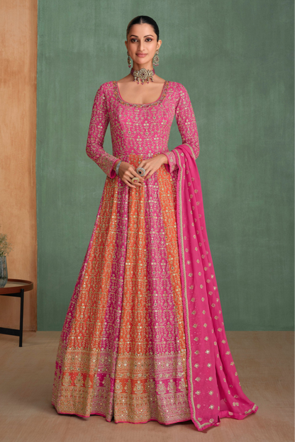 Stylish Full-Length Pink Anarkali Gown Georgette With Dupatta For Wedding Wear