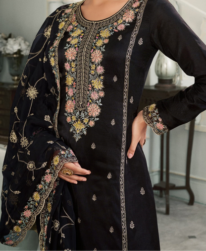 Stylish Black Salwar Outfit With Delicate Embroidery And Lightweight Organza Dupatta For Women’s Occasions.