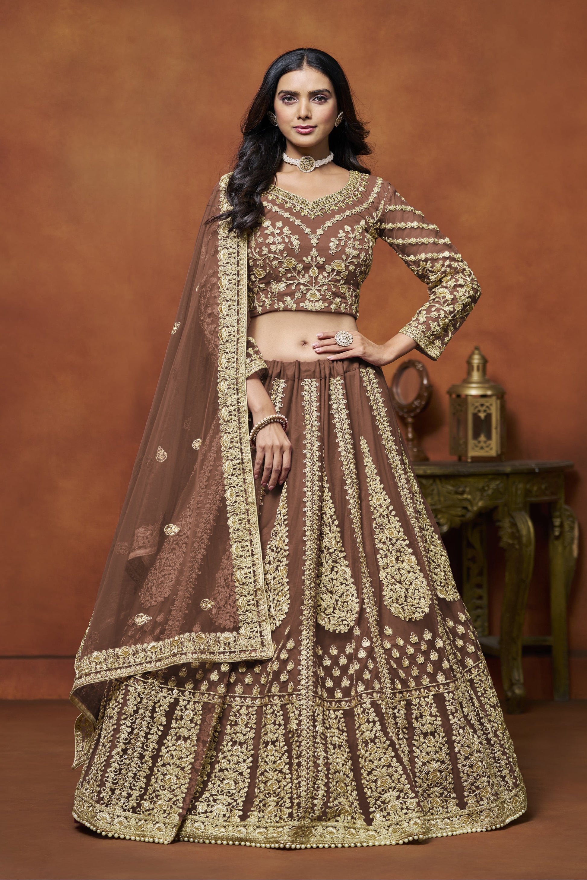 Brown Lehenga for Diwali – Bright and bold, perfect for lighting up the night.
