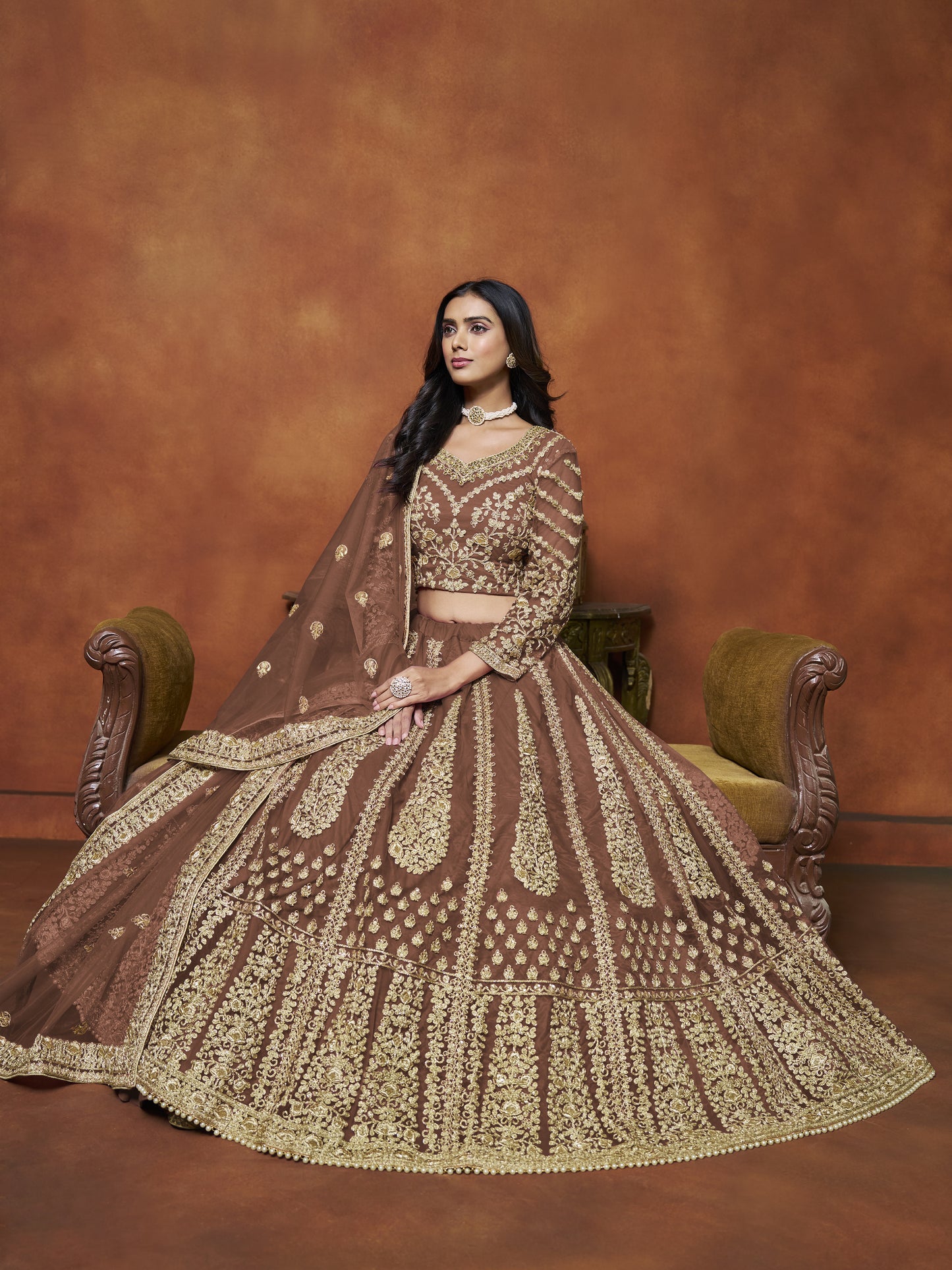 Brown Lehenga for Diwali – Bright and bold, perfect for lighting up the night.
