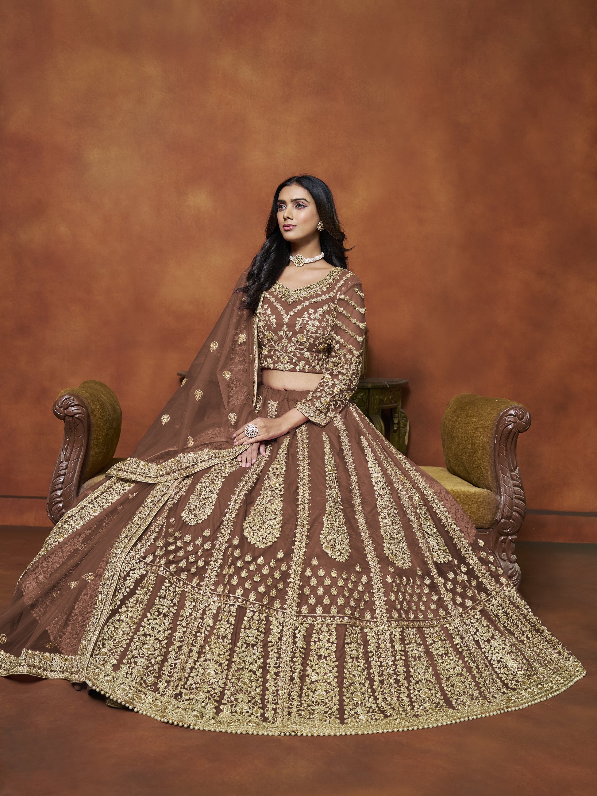 Brown Lehenga for Diwali – Bright and bold, perfect for lighting up the night.
