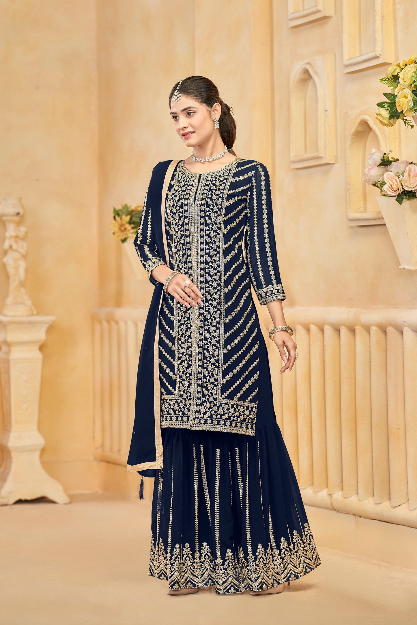 Elegant Faux Georgette Sharara dress With Embroidered Kameez ready to Wear Ethnic Outfit