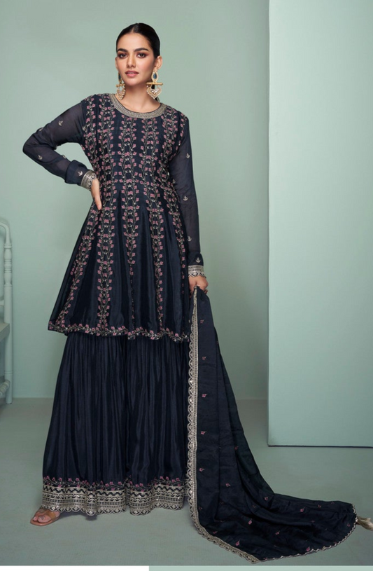 Blue Pakistani Sharara Suit with Heavy Embroidery - Front View Complete Outfit for Eid Wedding
