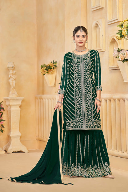 Green Eid Special Heavy Embroidered Georgette Sharara Suit With Designer Dupatta Pakistani Ethnic Wear USA