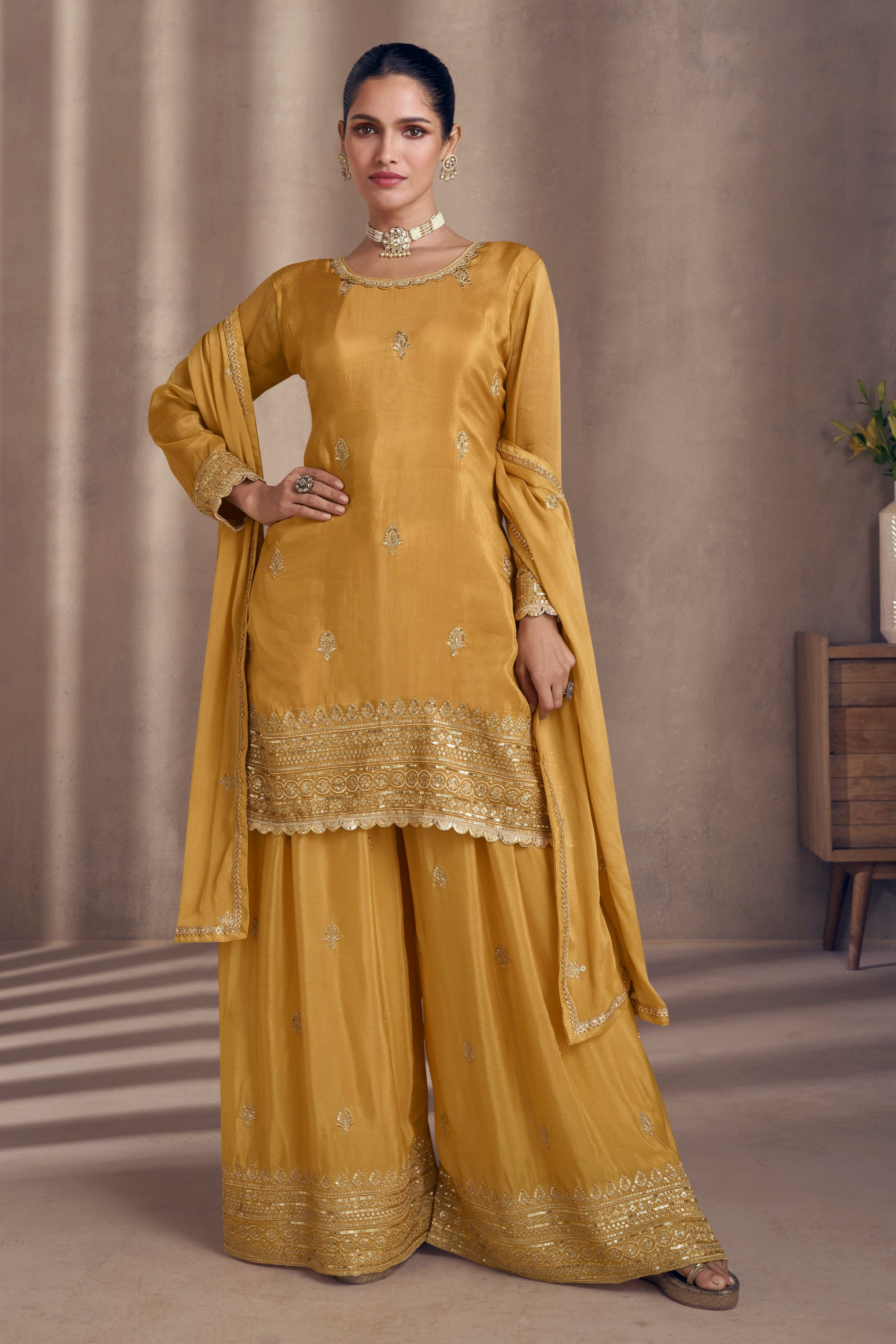 Yellow Haldi Ceremony Sharara Suit Chinon Silk - Seyuri Designer Ethnic Wear USA"