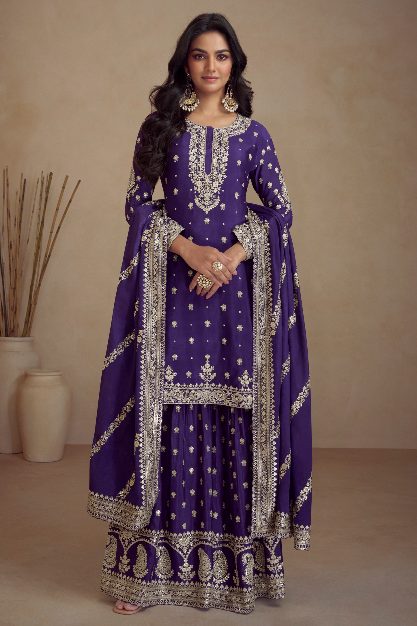 Purple Embroidered Sharara Suit With Dupatta For Indian Weddings USA Ethnic Wear