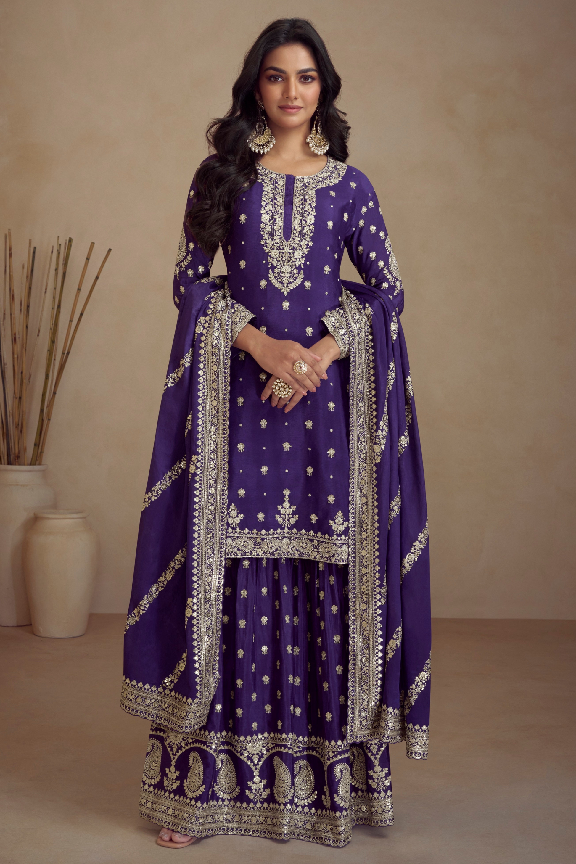 Purple Embroidered Sharara Suit With Dupatta For Indian Weddings USA Ethnic Wear