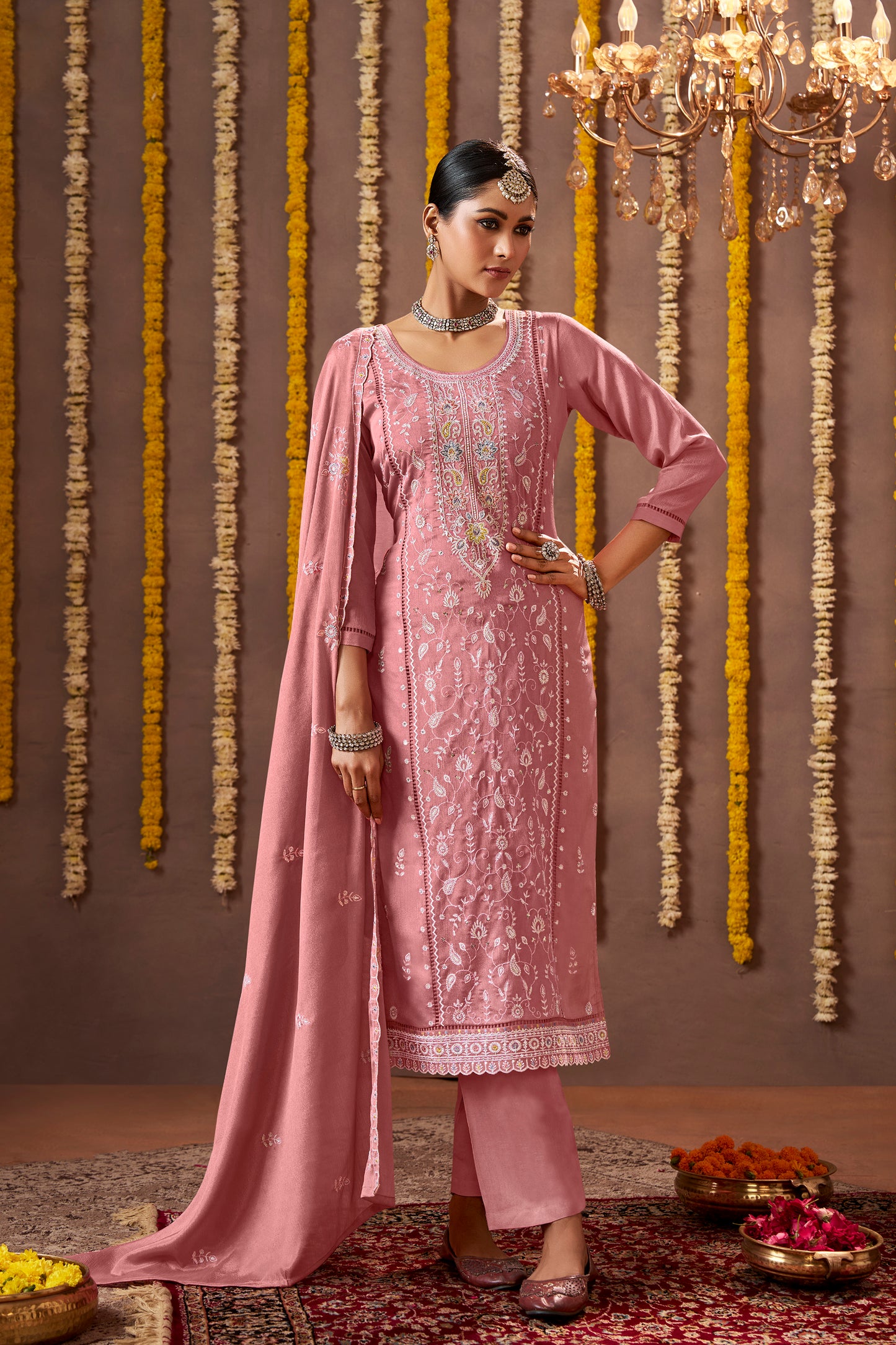 Elegant Peach Designer Chinon Fabric Salwar Kameez Dress with Thread Embroidery Work.