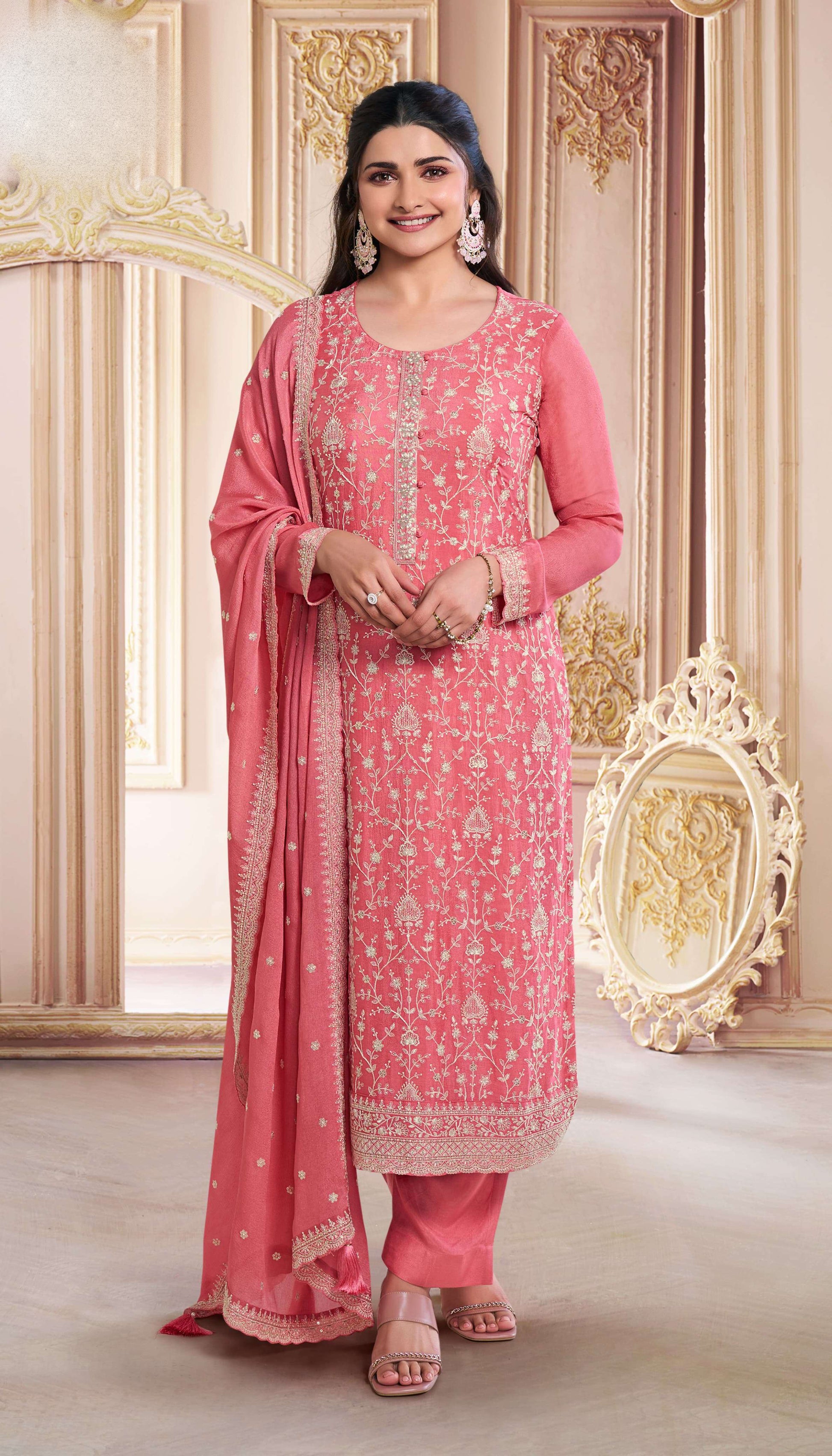 Designer Peach Chinon Salwar Kameez - Fabric For Festive celebrations