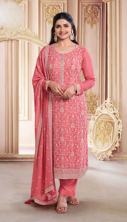 Designer Peach Chinon Salwar Kameez - Fabric For Festive celebrations