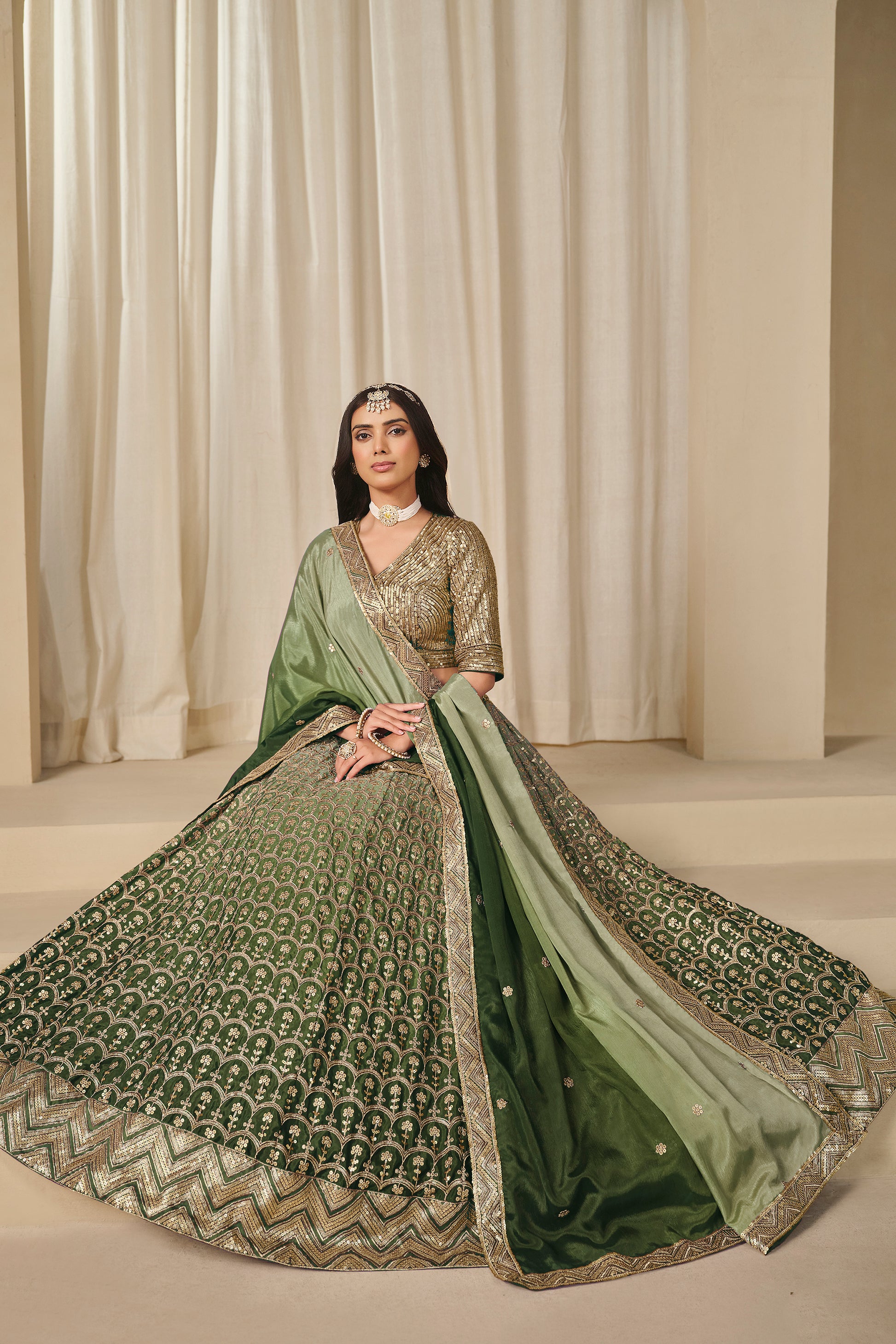 Elegant Silk Thread Work Lehenga Choli With Matching Dupatta For Bridal Events