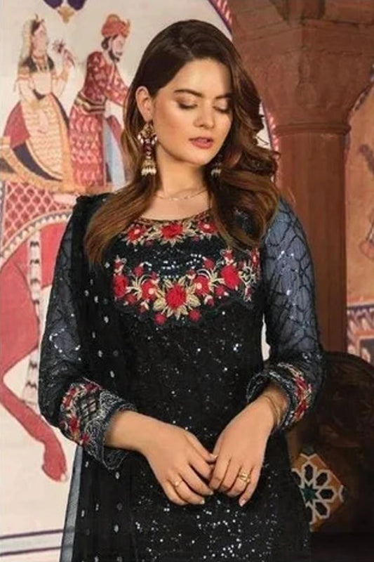 Black Salwar Kameez Heavy Georgette with Embellished Neck Special for Reception With Dupatta 