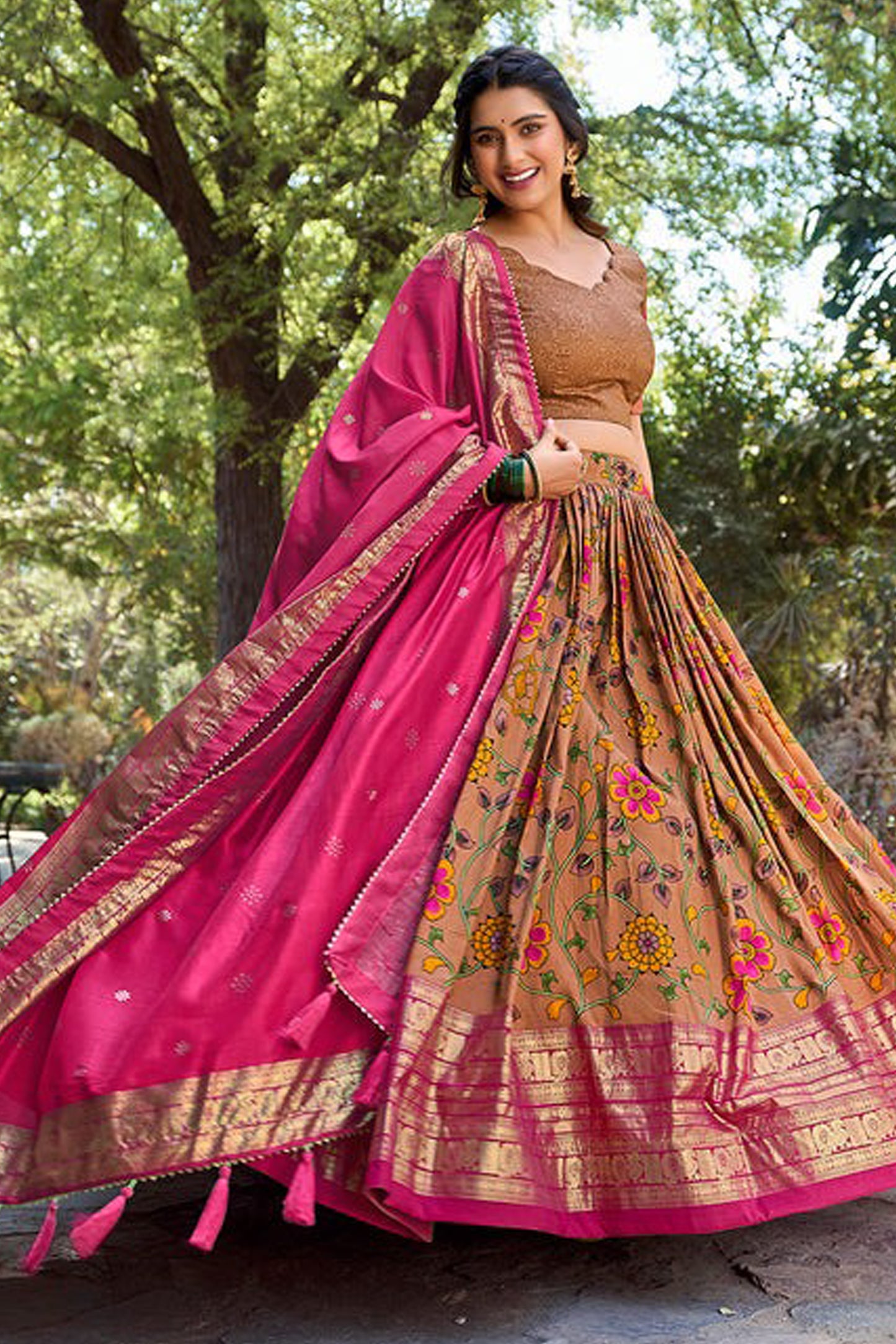 "Stylish lehengas for U.S.-based Indian functions."
