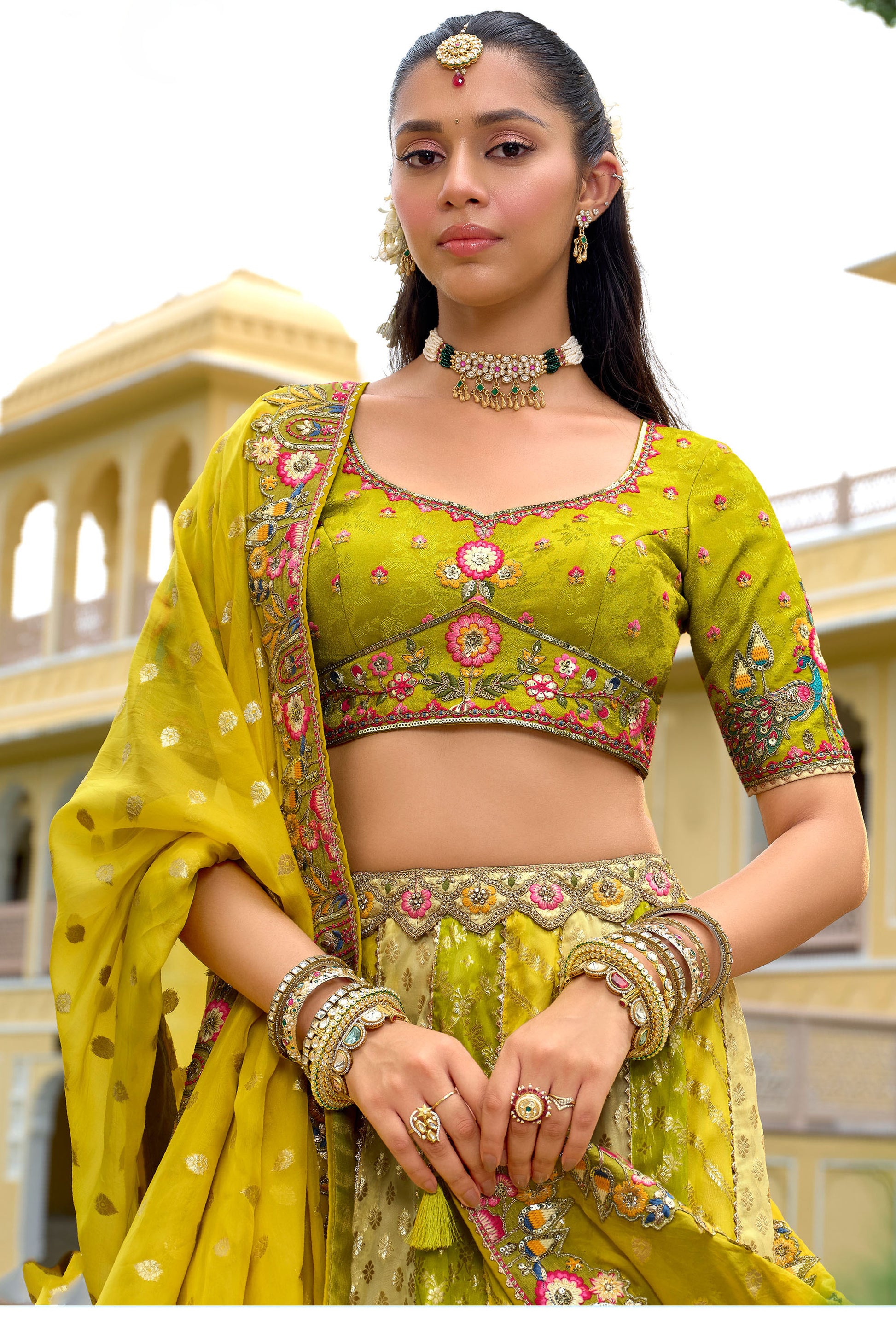 Indian Wedding Lehenga Choli Set With Silk Dupatta - Yellow Bridal Outfit