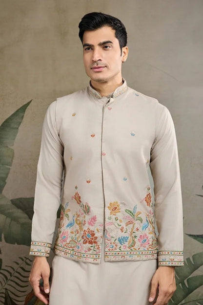 Trendy Beige Color Viscose Silk Kurta Set For Men Real Mirror Work With Matching Pant