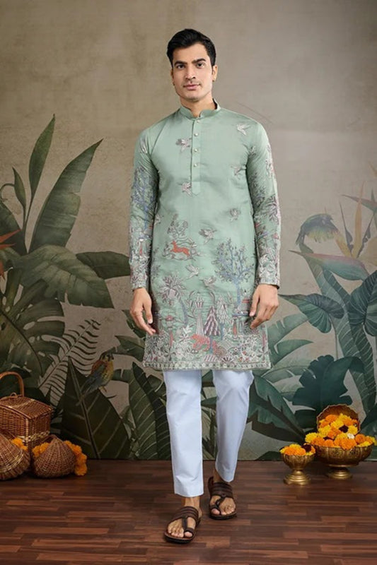 Premium Pista Green Color Viscose Silk Kurta Set For Man Real Mirror Work With Matching Pant