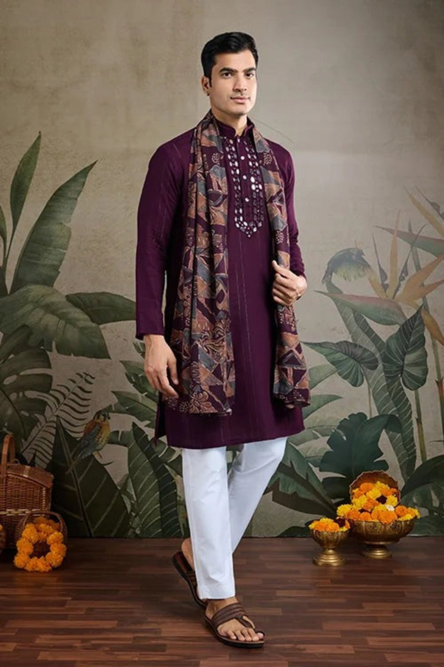 Elegant Purple Color Viscose Rayon Kurta Set For Men Real Mirror Work With Matching Pant