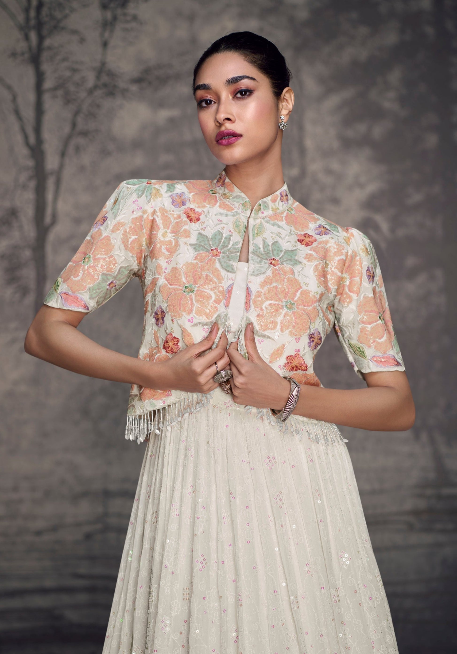 White Georgette Full Flared Long Real Georgette Anarkali Gown With Embroidery Worked