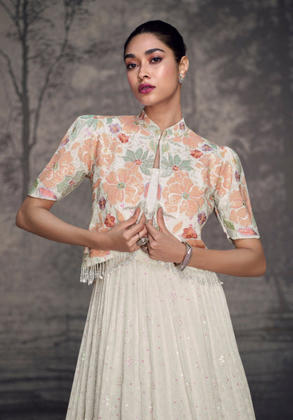 White Georgette Full Flared Long Real Georgette Anarkali Gown With Embroidery Worked